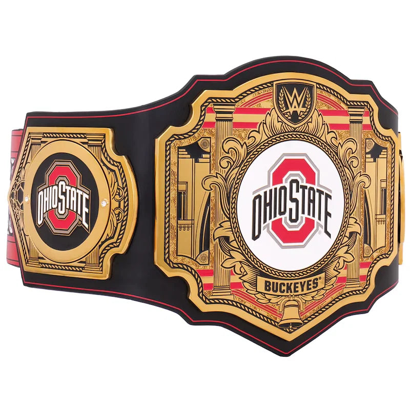 Ohio State Buckeyes WWE championship belt featuring ornate gold and red plates with the Ohio State logo and WWE branding, set against a plain white background.