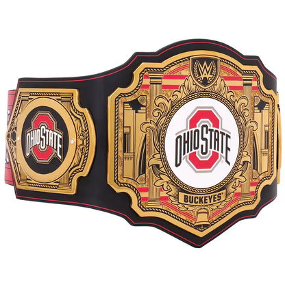 Ohio State Buckeyes WWE championship belt featuring ornate gold and red plates with the Ohio State logo and WWE branding, set against a plain white background.