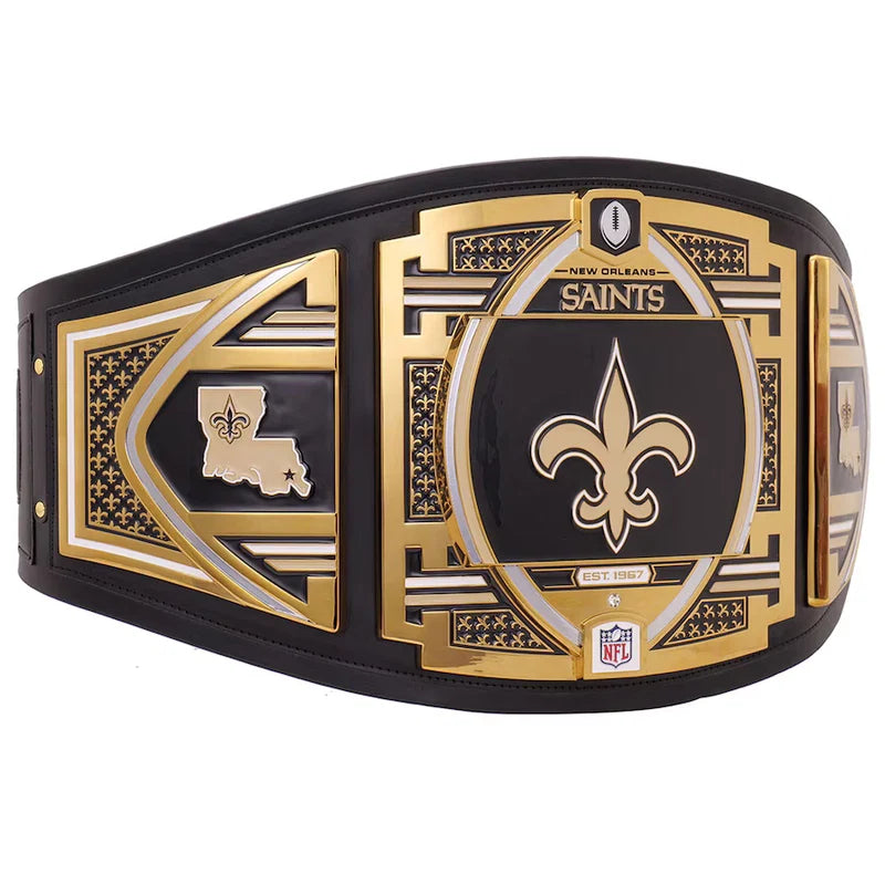 New Orleans Saints NFL championship belt featuring a black and gold design with the team's fleur-de-lis logo and a Louisiana state silhouette.