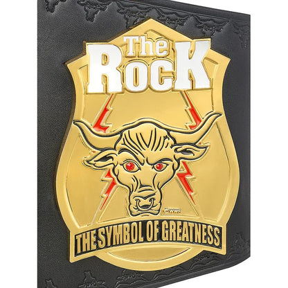 Gold emblem with a bull's head and 'The Rock' text on a black background