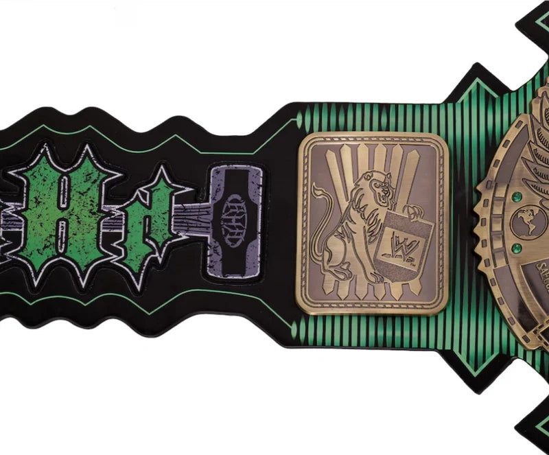 Wrestling championship belt with green and black design, featuring logos on a white background.