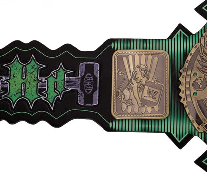 Wrestling championship belt with green and black design, featuring logos on a white background.