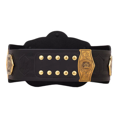 Black leather belt with gold studs and decorative buckles on a white background