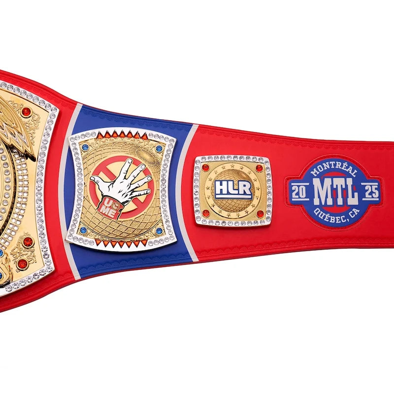A red and blue MMA championship belt with gold-plated plates, crystal accents, and a central plate featuring a hand graphic. The right side displays a blue and red '2025 MTL Quebec' logo plate.