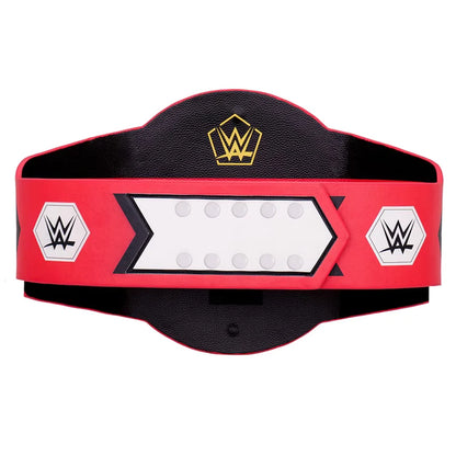 A WWE championship belt replica with a red and black leather-look design, featuring a gold WWE logo at the top center, white arrow-shaped plates with silver studs, and white WWE logos on both sides.