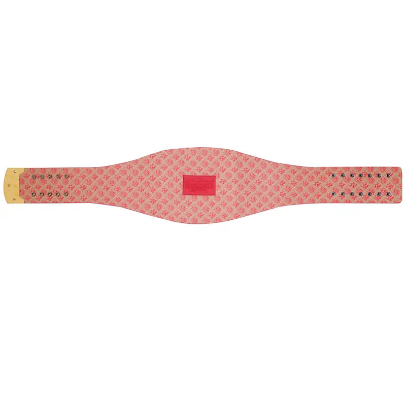 A pink patterned waist trainer belt with a central red patch and metal studs on both ends, shown flat against a white background.