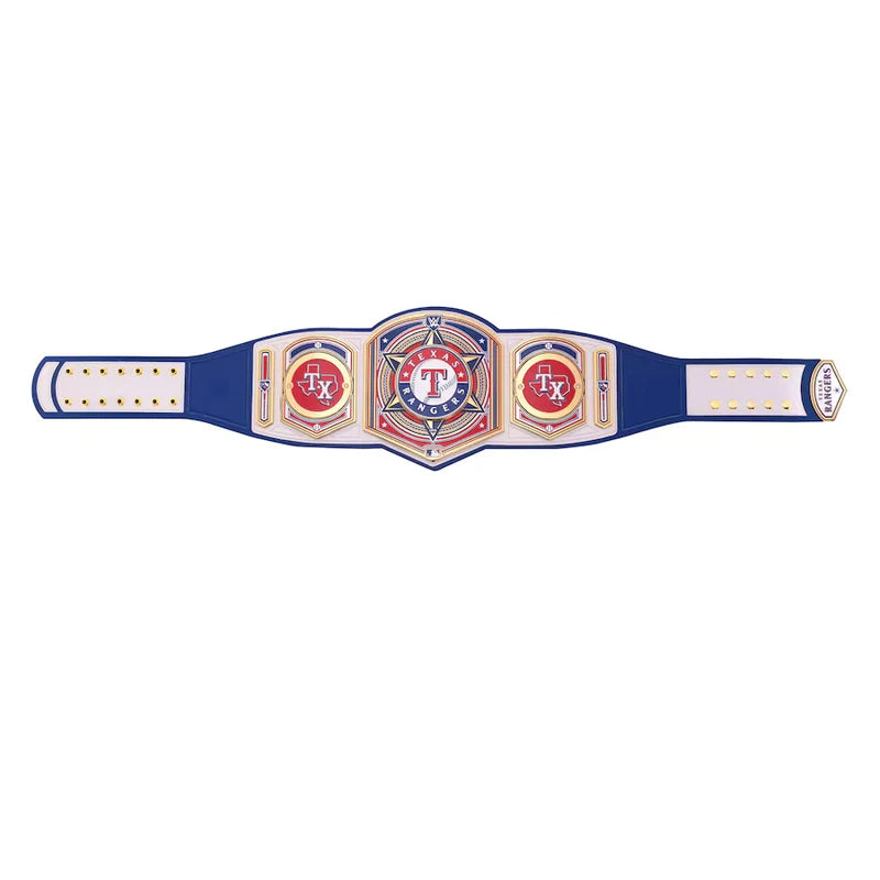 A Texas Rangers baseball championship belt replica, featuring a royal blue strap with white panels and gold studs, and a central shield plate with the Texas Rangers 'T' logo and 'TX' lettering.