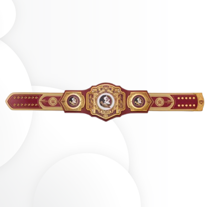 Decorative belt with gold and red design on a white background