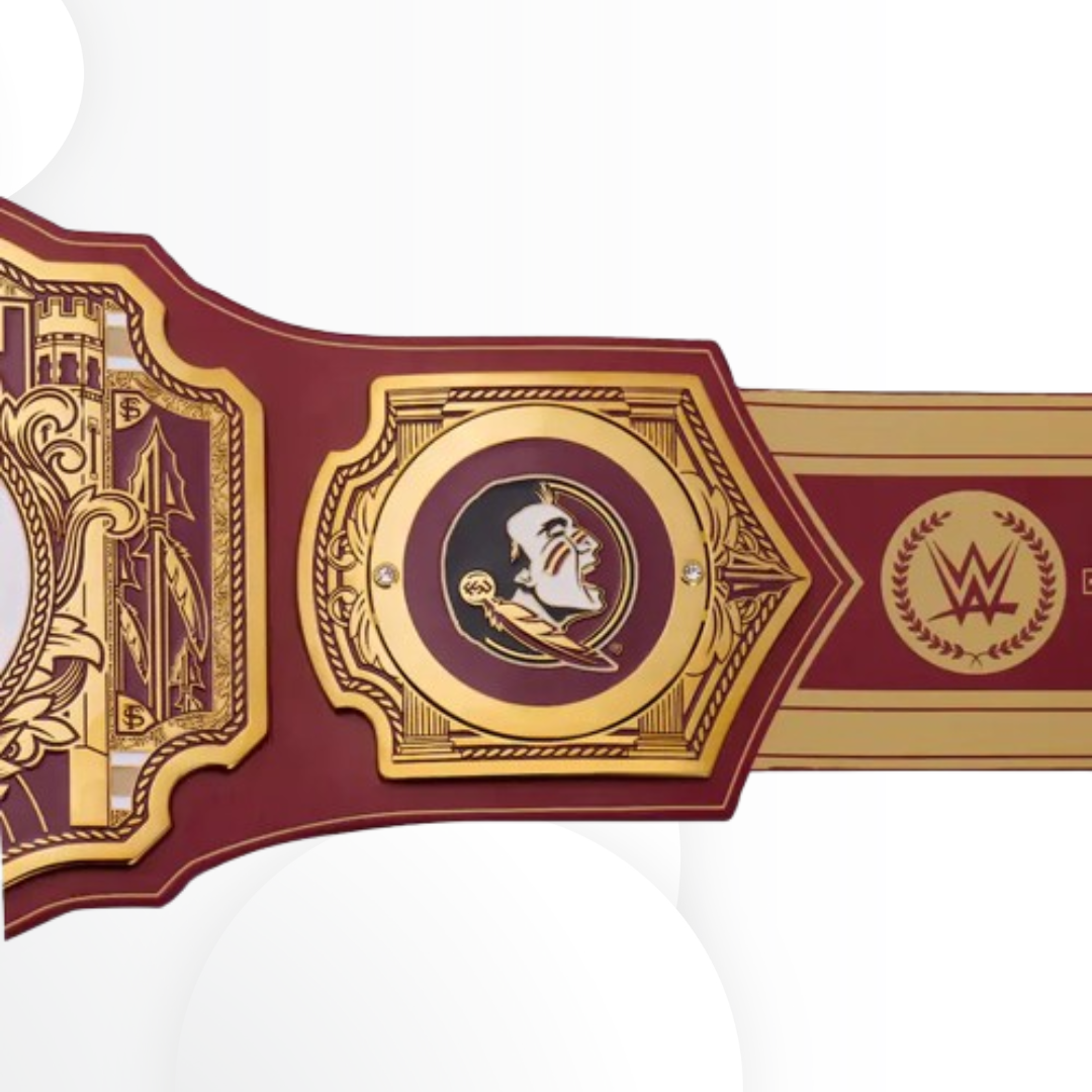 Wrestling championship belt with gold and red design on a white background
