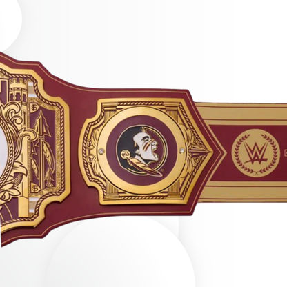 Wrestling championship belt with gold and red design on a white background