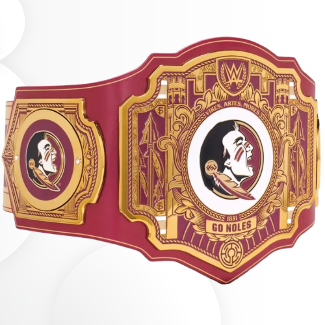 Maroon and gold championship belt with logos and text on a white background