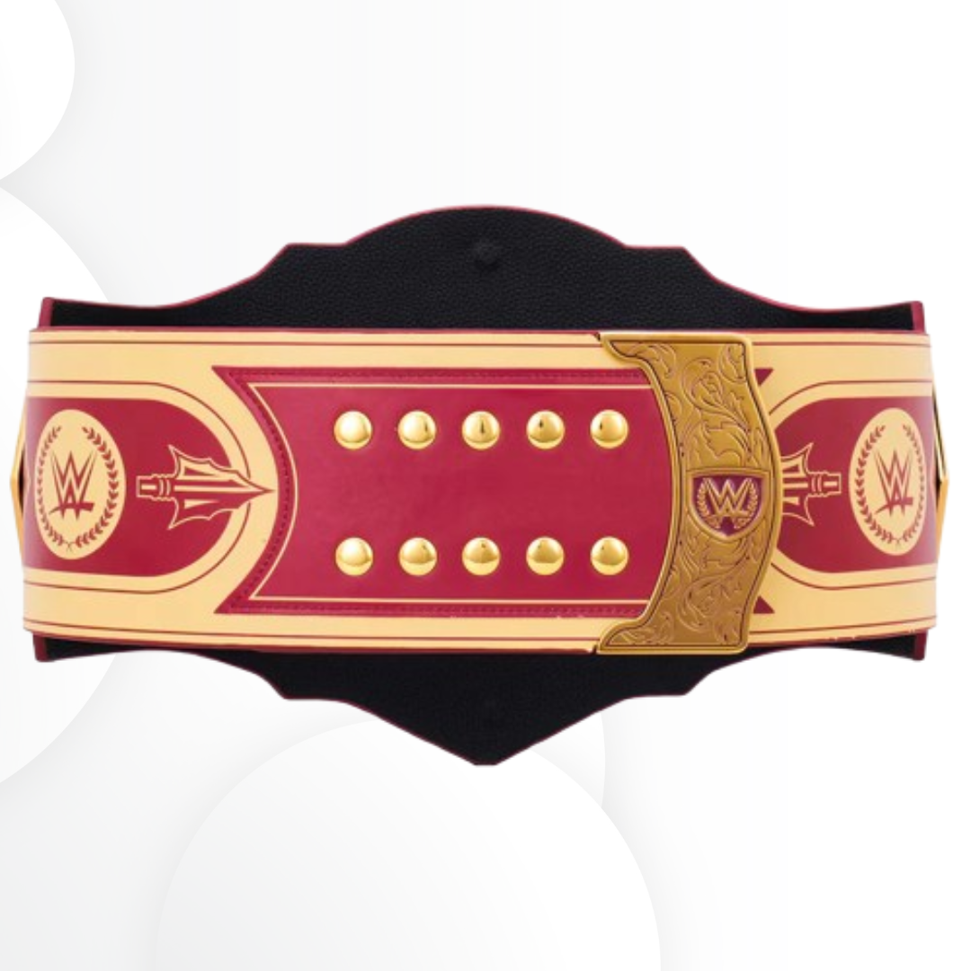 Wrestling championship belt with red and gold design on a white background