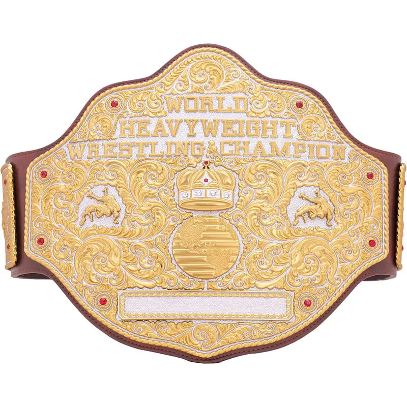 World Heavyweight Wrestling Championship belt with gold and brown design.