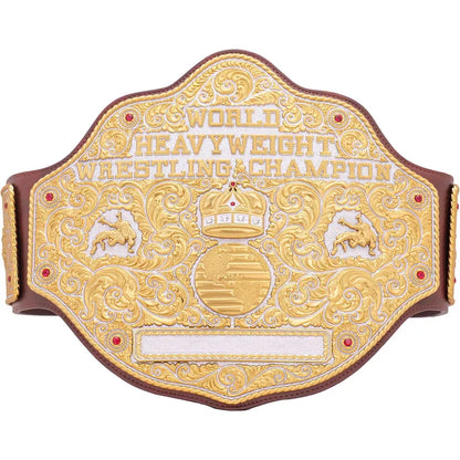 World Heavyweight Wrestling Championship belt with gold and brown design.