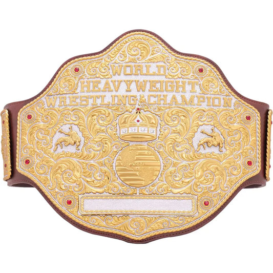 World Heavyweight Wrestling Championship belt with gold and brown design.