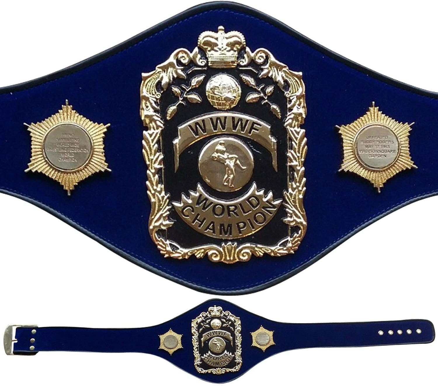 Blue championship belt with gold and silver emblem on a white background
