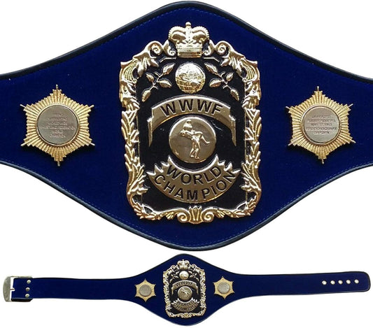 Blue championship belt with gold and silver emblem on a white background