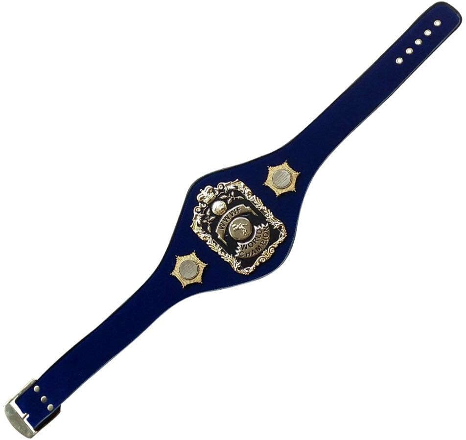 Blue leather belt with decorative gold buckle on a white background