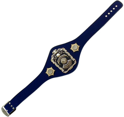 Blue leather belt with decorative gold buckle on a white background