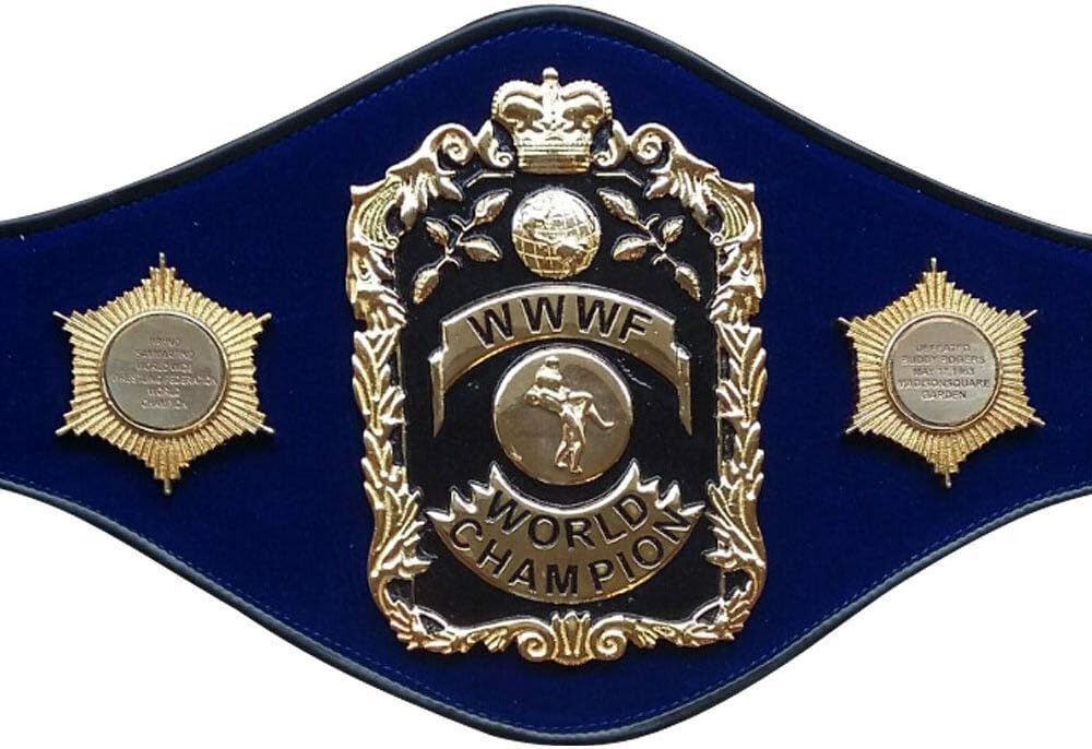 Blue championship belt with gold and black emblem featuring 'WWF World Champion' text.