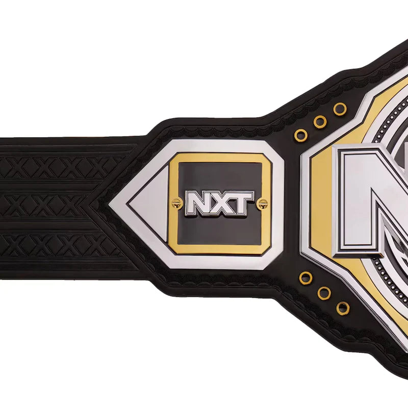 Wrestling championship belt with 'NXT' logo on a white background