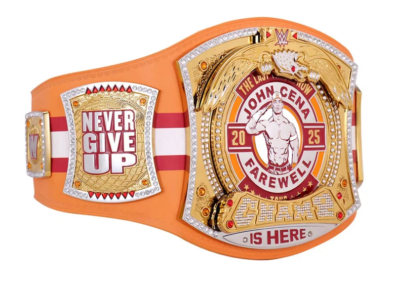 Wrestling championship belt with 'Never Give Up' and 'John Cena Farewell' text on an orange background