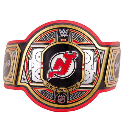 Wrestling championship belt with New Jersey Devils logo on a white background