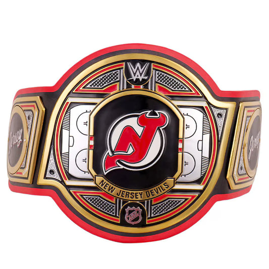Wrestling championship belt with New Jersey Devils logo on a white background