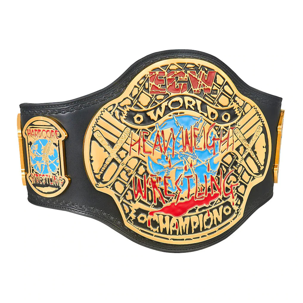 Wrestling championship belt with gold and black design on a white background