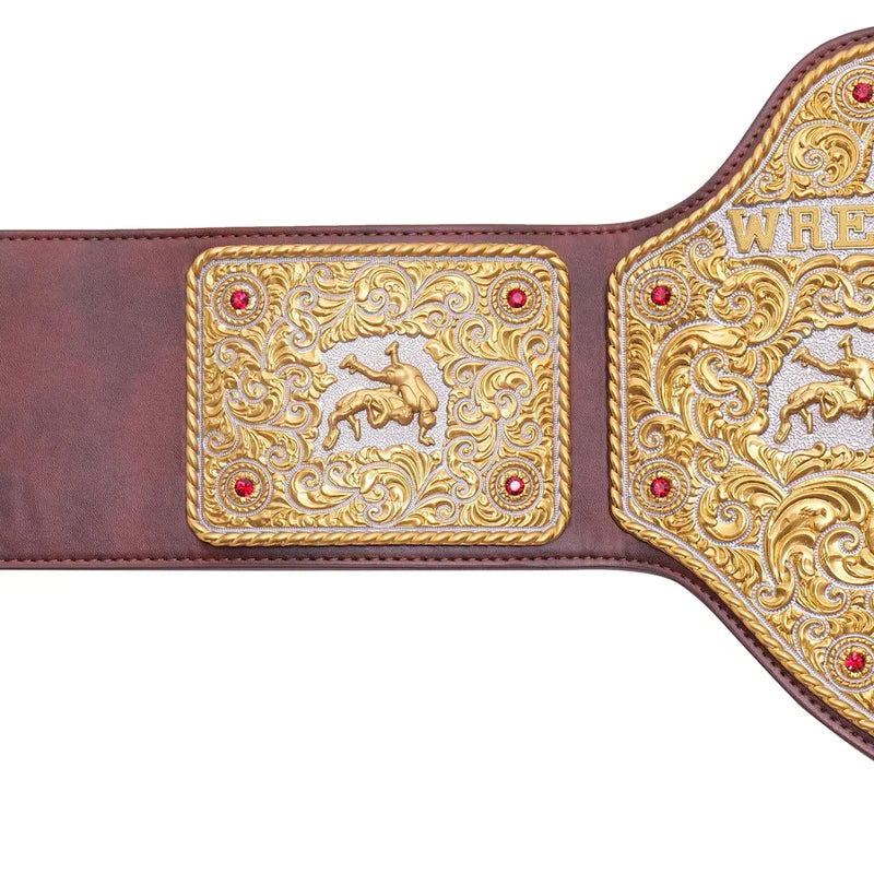 Wrestling championship belt with gold and brown design on a white background