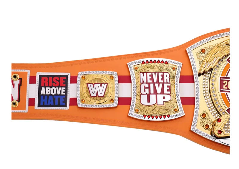 Wrestling championship belt with motivational phrases on an orange and white striped background