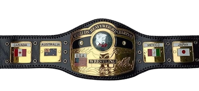 A black leather wrestling championship belt with a large gold central plate reading 'Worlds Heavyweight Champion' and 'U.S.