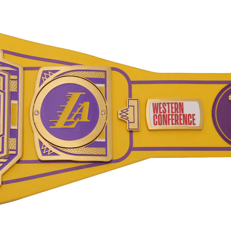 Yellow and purple championship belt with 'Western Conference' text on a white background