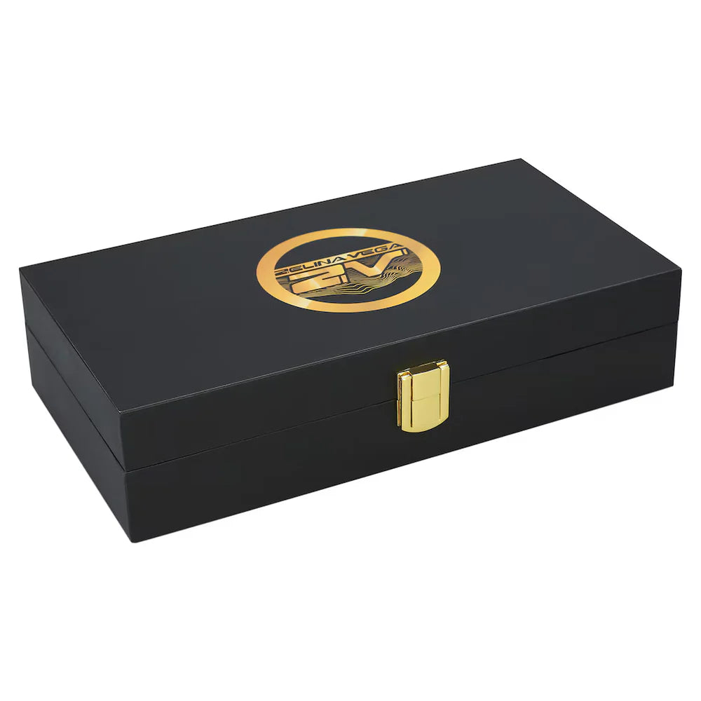 Black rectangular box with gold emblem and lock on a white Zelina Vega 16MM Replica Side Plate Box Setbackground