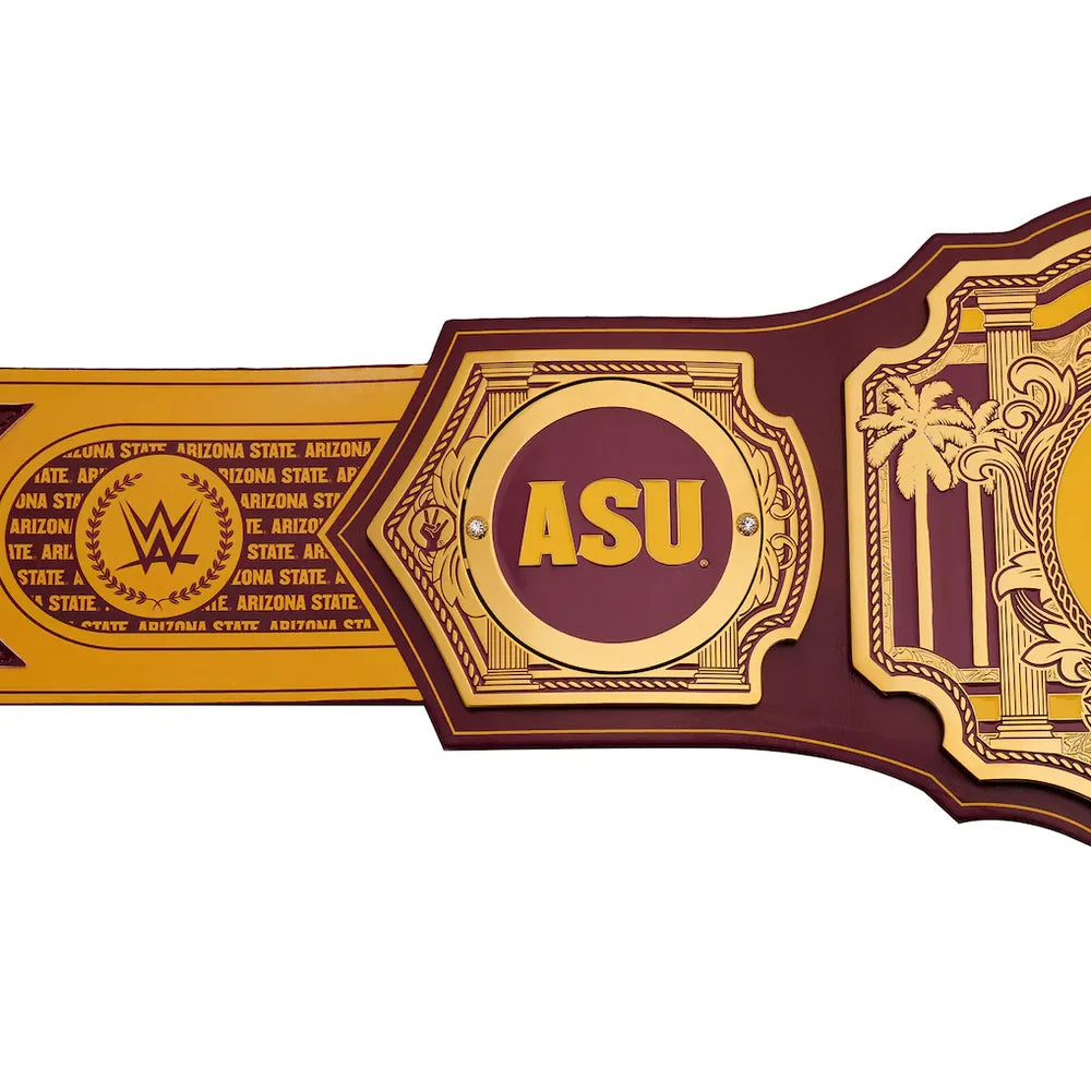 Decorative belt with 'ASU' logo and gold accents on a white background