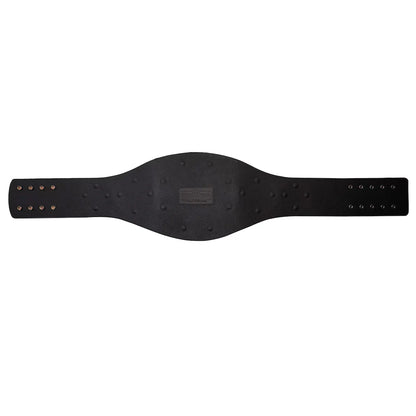 A black leather championship belt with textured studs and gold-tone metal rivets on the ends, displayed horizontally against a plain white background.