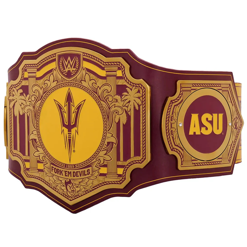 Decorative belt with maroon and gold colors featuring a logo and text on a white background