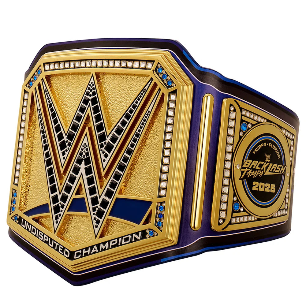 WWE championship belt with 'Backlash Tampa 2026' text on a white background