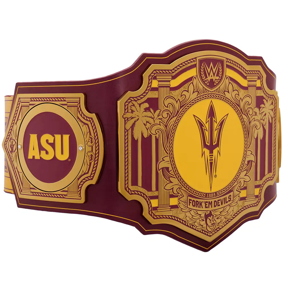 Maroon and gold championship belt with ASU and 'Fork 'Em Devils' text on a white background