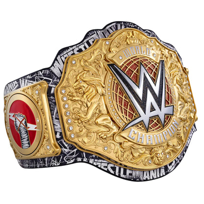 WWE championship belt with gold and black design on a white background