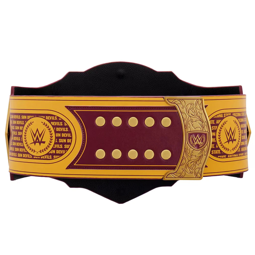 A WWE championship belt replica with a maroon and gold design, featuring the WWE logo and text, displayed against a solid white background.