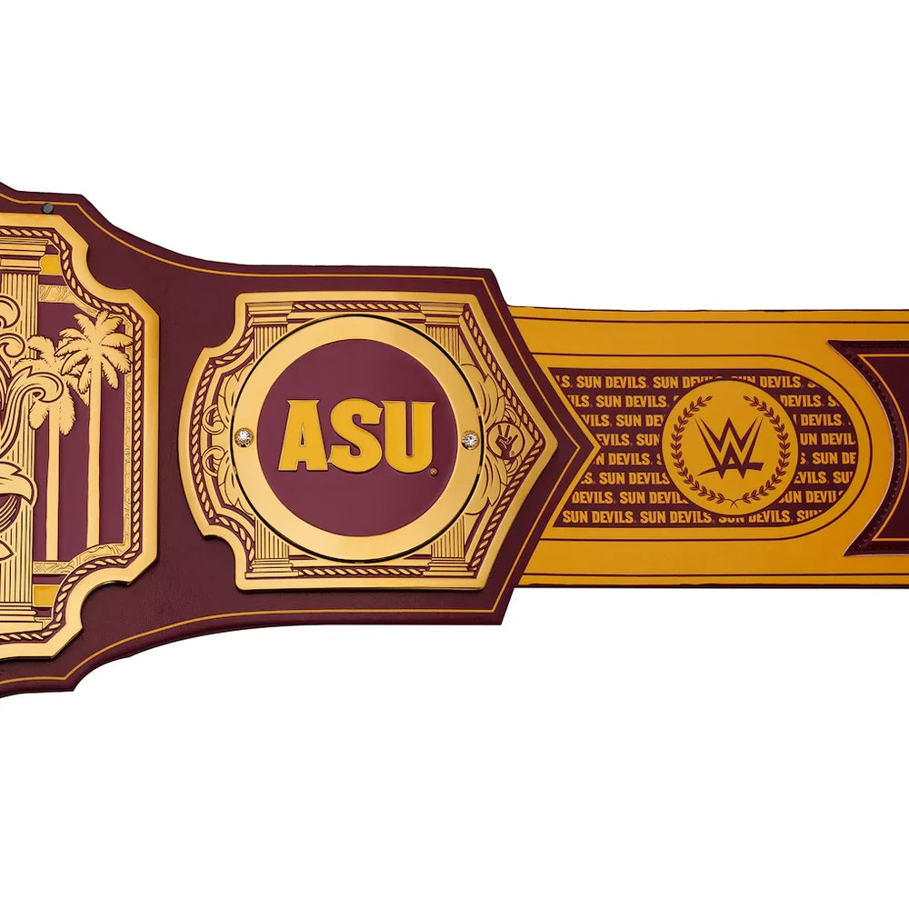 Wrestling championship belt with 'ASU' and WWE logos on a white background
