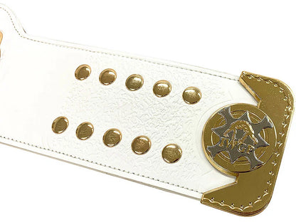 White boot with gold accents and a sheriff's badge on a white background