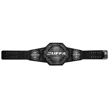 A black and silver Zuffa Boxing Championship belt shown flat against a solid white background.