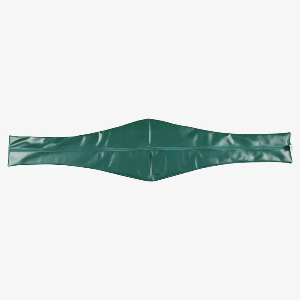 A dark green vinyl or PVC belt cover with a center seam, laid flat against a light gray background.