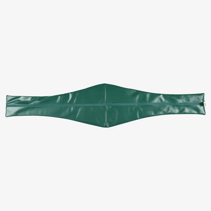A dark green vinyl or PVC belt cover with a center seam, laid flat against a light gray background.