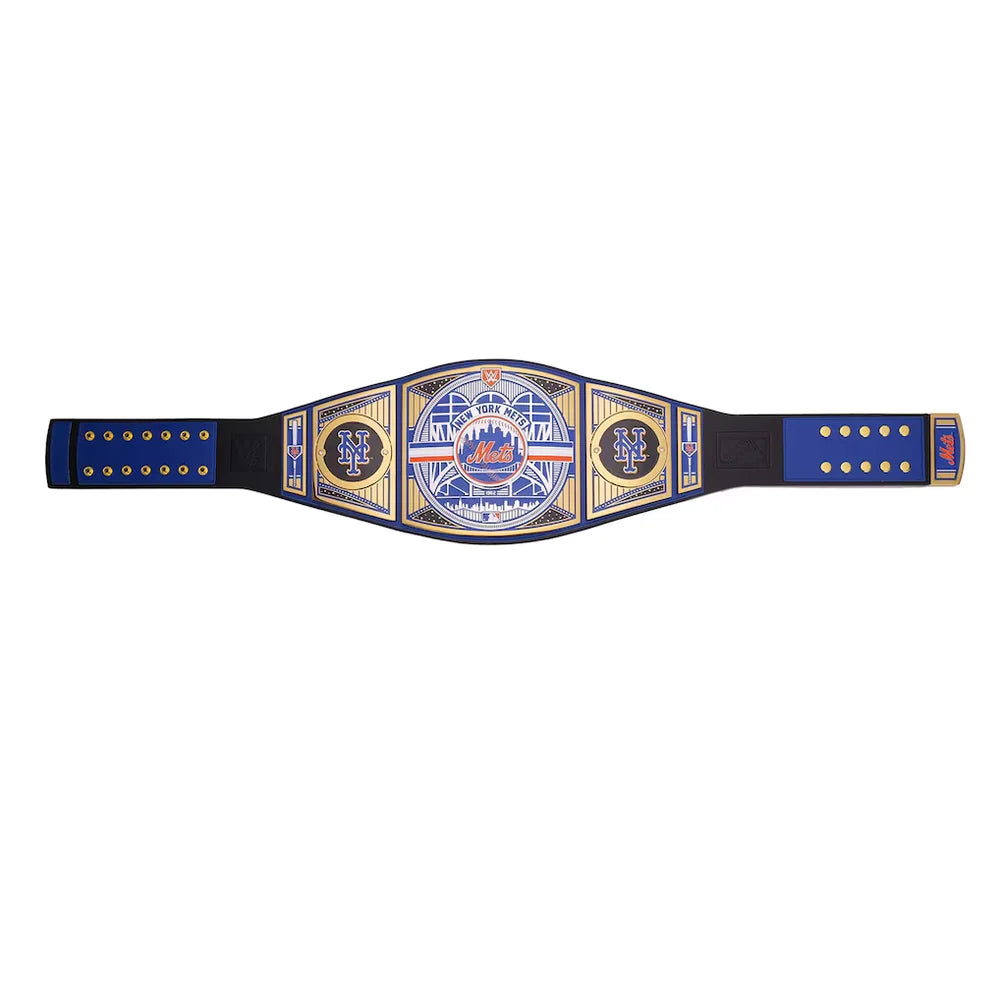 Wrestling championship belt with blue and gold design on a white background