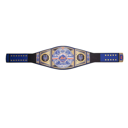 Wrestling championship belt with blue and gold design on a white background