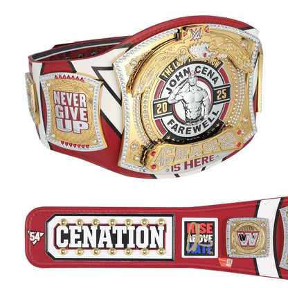 A red and white WWE John Cena farewell championship belt with gold-toned hardware, shown on a plain white background with a close-up inset of the strap details below.