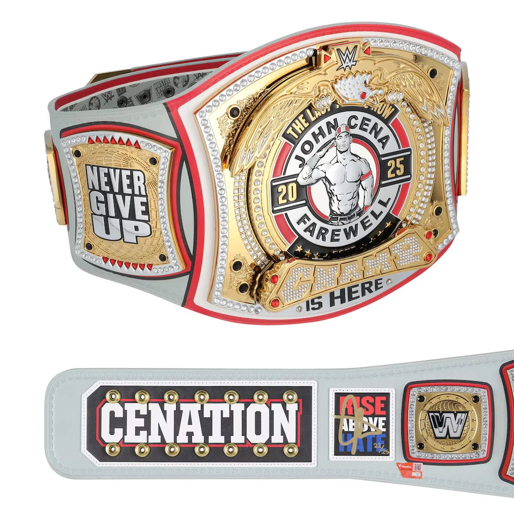 WWE championship belt with 'John Cena Farewell' text on a white background